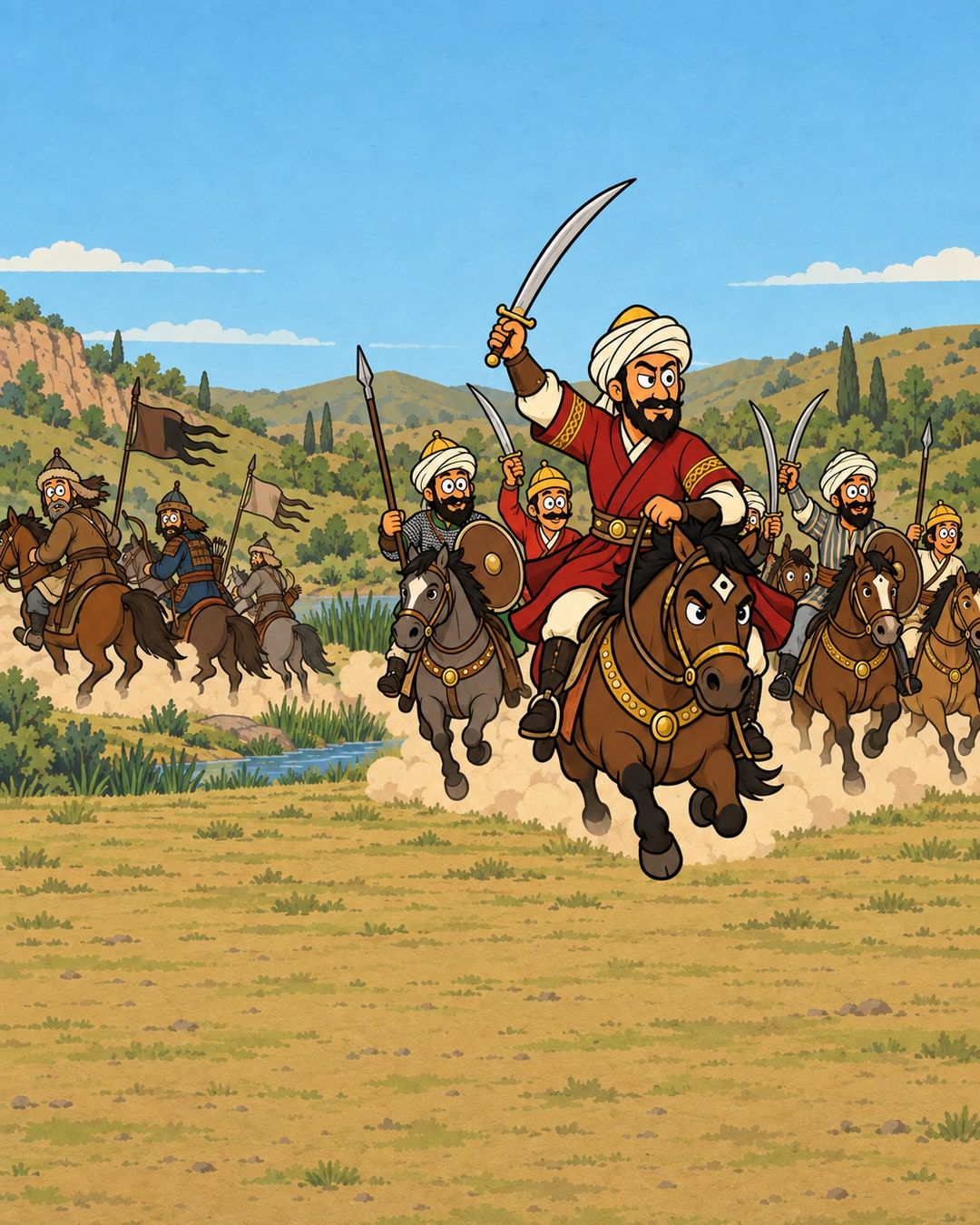 رسمة كرتون: قطز راكب حصانه ورافع سيفه وبيهجم قدام فرسان المماليك، وعلى الجنب التاني فرسان المغول، في وادي أخضر فيه ميه.