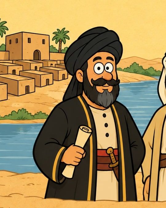 رسمة كرتون: راجل بعمامة سودا وجبة سودا ماسك ورقة ملفوفة، ووراه بيوت من الطوب اللبن على النيل.