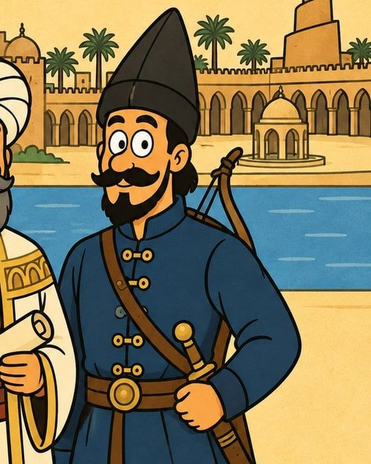 رسمة كرتون: جندي بطاقية سودا عالية ولبس أزرق وقوس على ضهره، ووراه سور بعقود ومأذنة ملوية.
